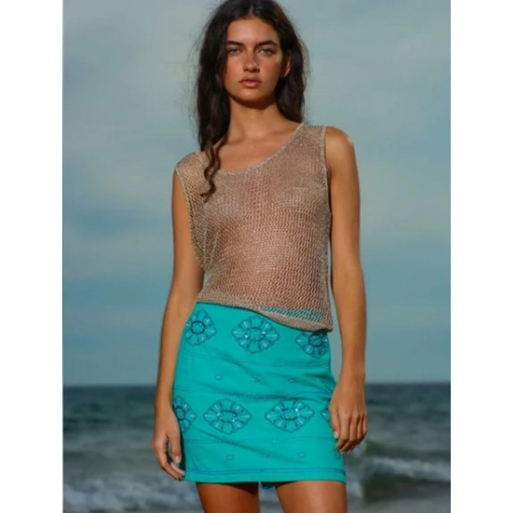 Zara Cotton Mini Skirt with Floral Beading & Embroidery Size Medium Teal